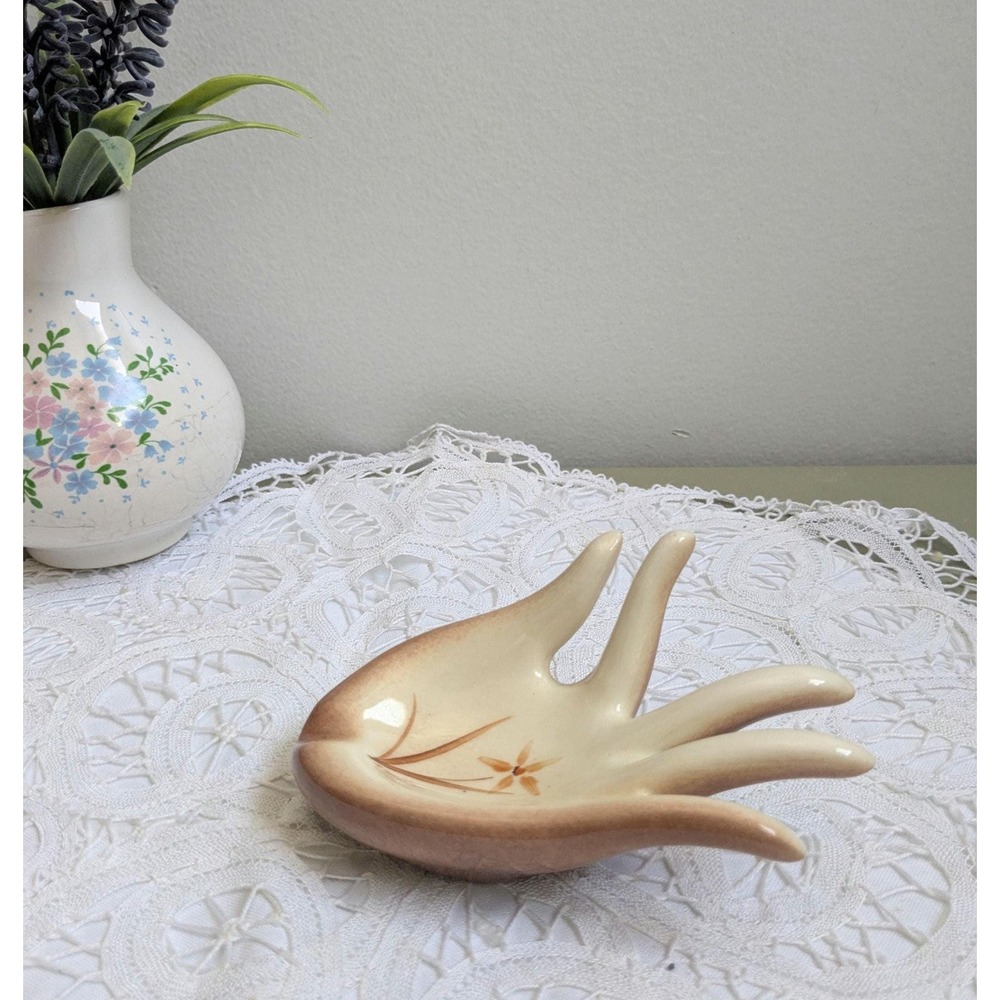 Vintage Ceramic Hand Ring Holder, Small Pottery Jewelry Dish, Handmade Trinket